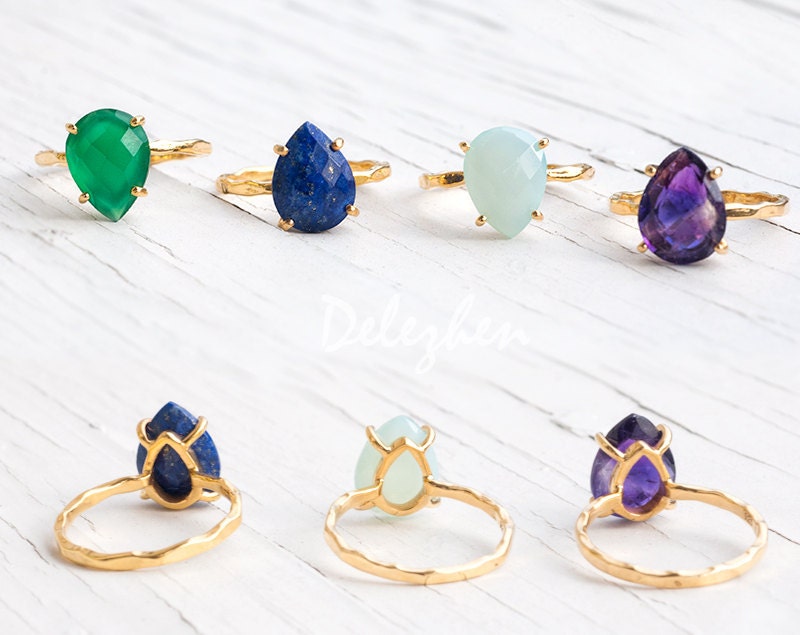Raw Emerald Ring Gold, May Birthstone Ring, Gemstone Ring, Rose Gold Stacking Ring, Tear Drop Ring, Prong Ring, Silver Ring, RG-PP
