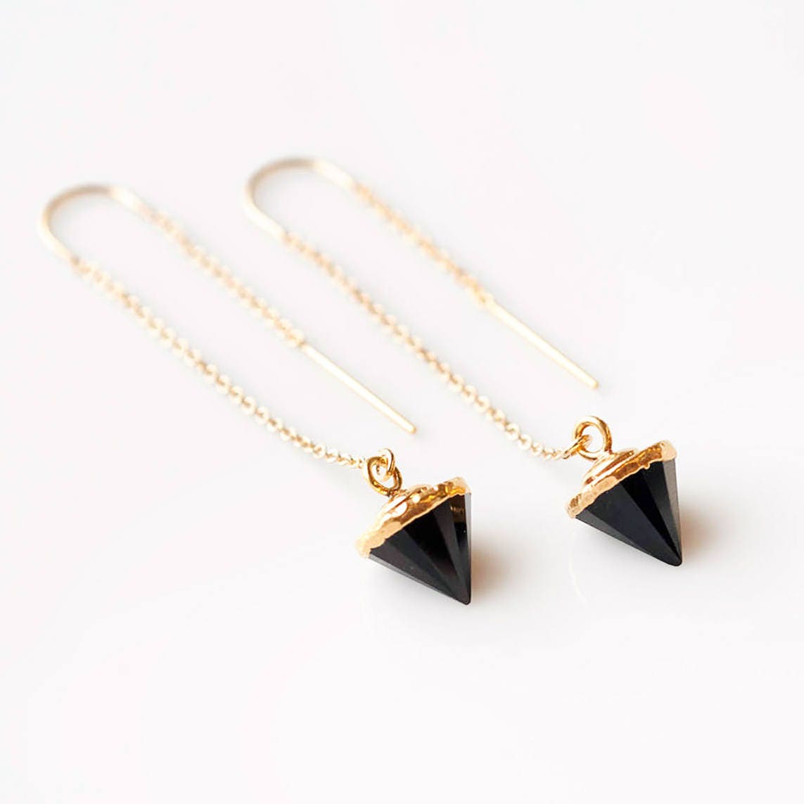 Black Crystal Onyx Earrings, Stone of Protection, Long Minimalist Earrings, 14k Gold Filled Threader Earrings, Simple Ear Threader