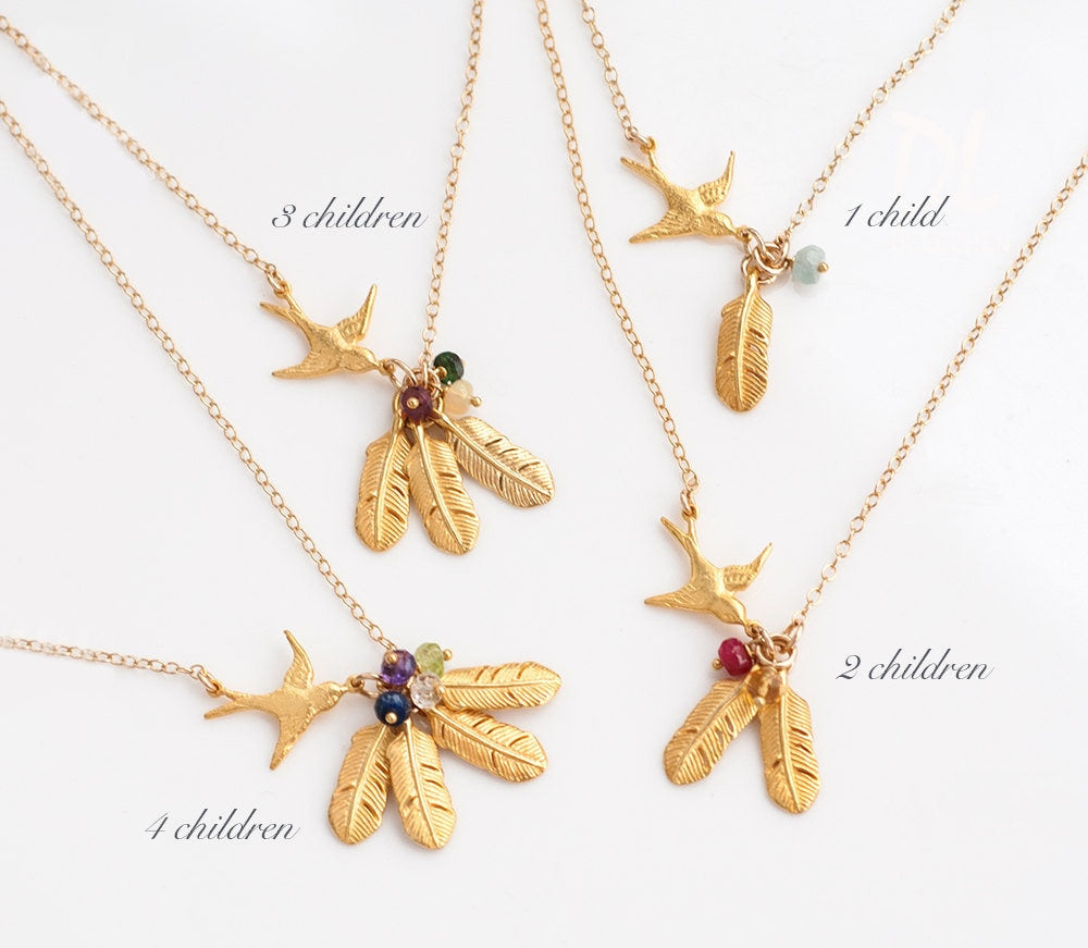 Personalized Birthstone Bird and Feather Necklace, Family Necklace, Mama Bird, Customized Jewelry, Mommy Necklace, Unique Gift for New Mom