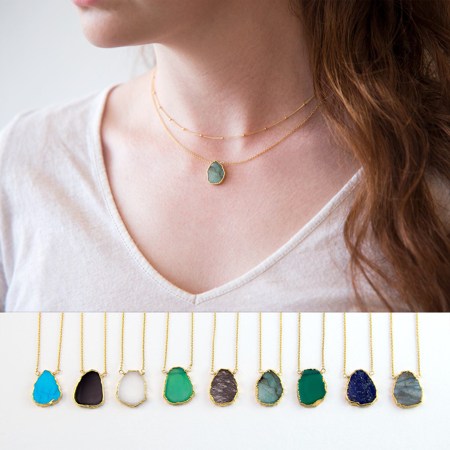 Gemstone Slice Pendant Necklace, Rough Crystal Slice, Raw Emerald Necklace, May Birthstone Jewelry, Layered Necklaces, Boho Jewelry