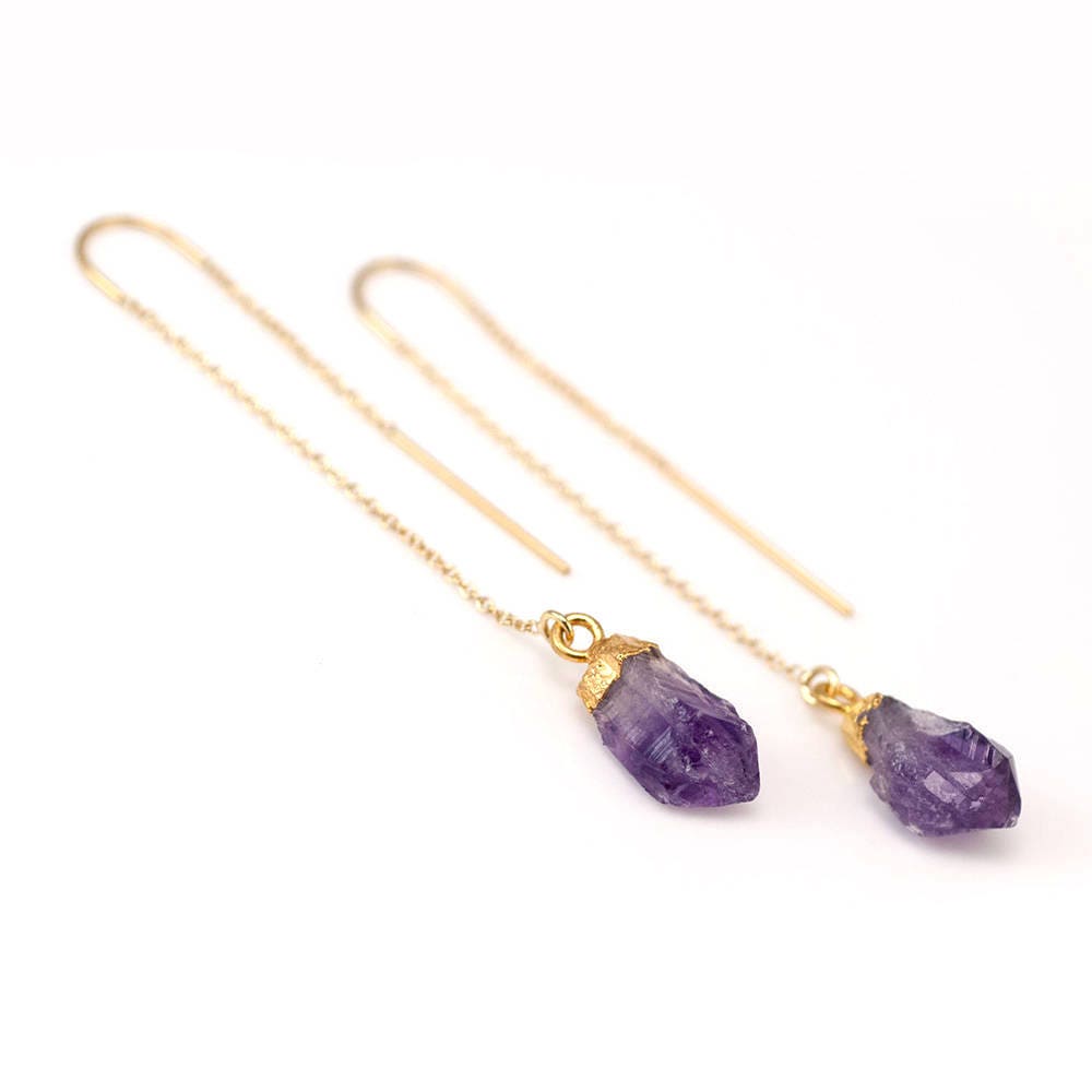 Purple Amethyst Raw Crystal Threaders, February Birthstone Earrings, Ultra Violet Natural Gemstone Ear Threaders, Rough Stone Gift