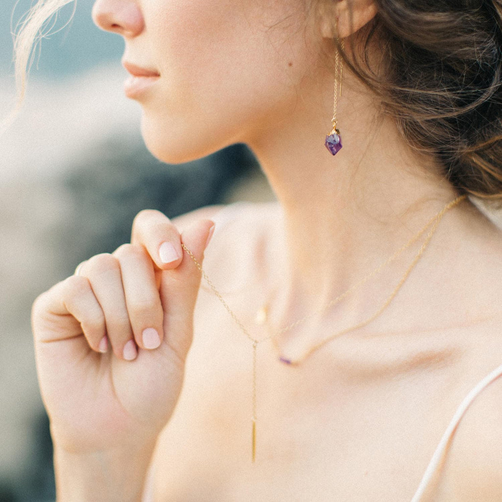 Rainbow Moonstone Crystal Drop Earring, Minimalist Threader Earrings, Bridesmaid Gift, June Birthstone Ear Threaders, Raw Crystal Earrings