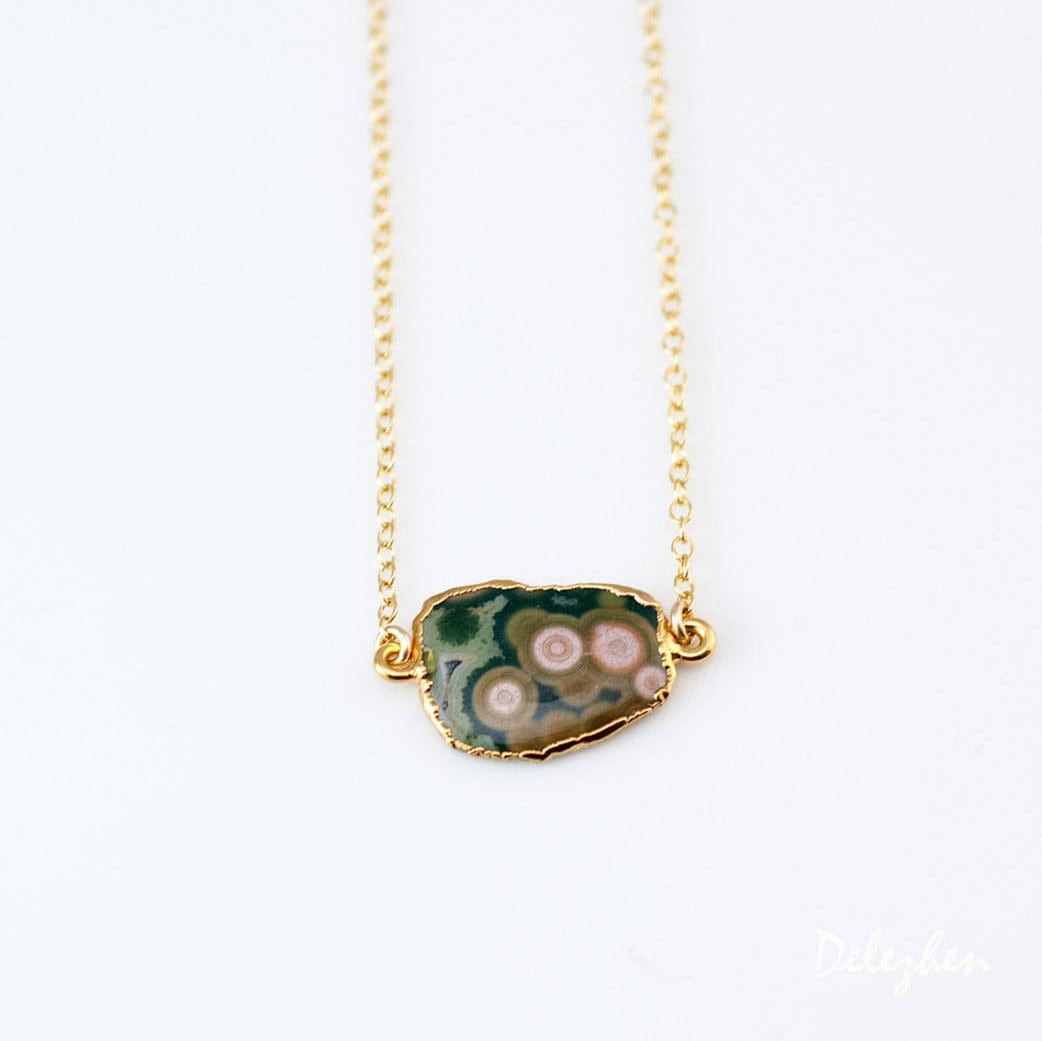Ocean Jasper Gem Slice Necklace, Layering Necklaces, 14k Gold Filled Choker, Layered Jewelry, Boho Jewelry, Gold Framed Stone, NK-GS
