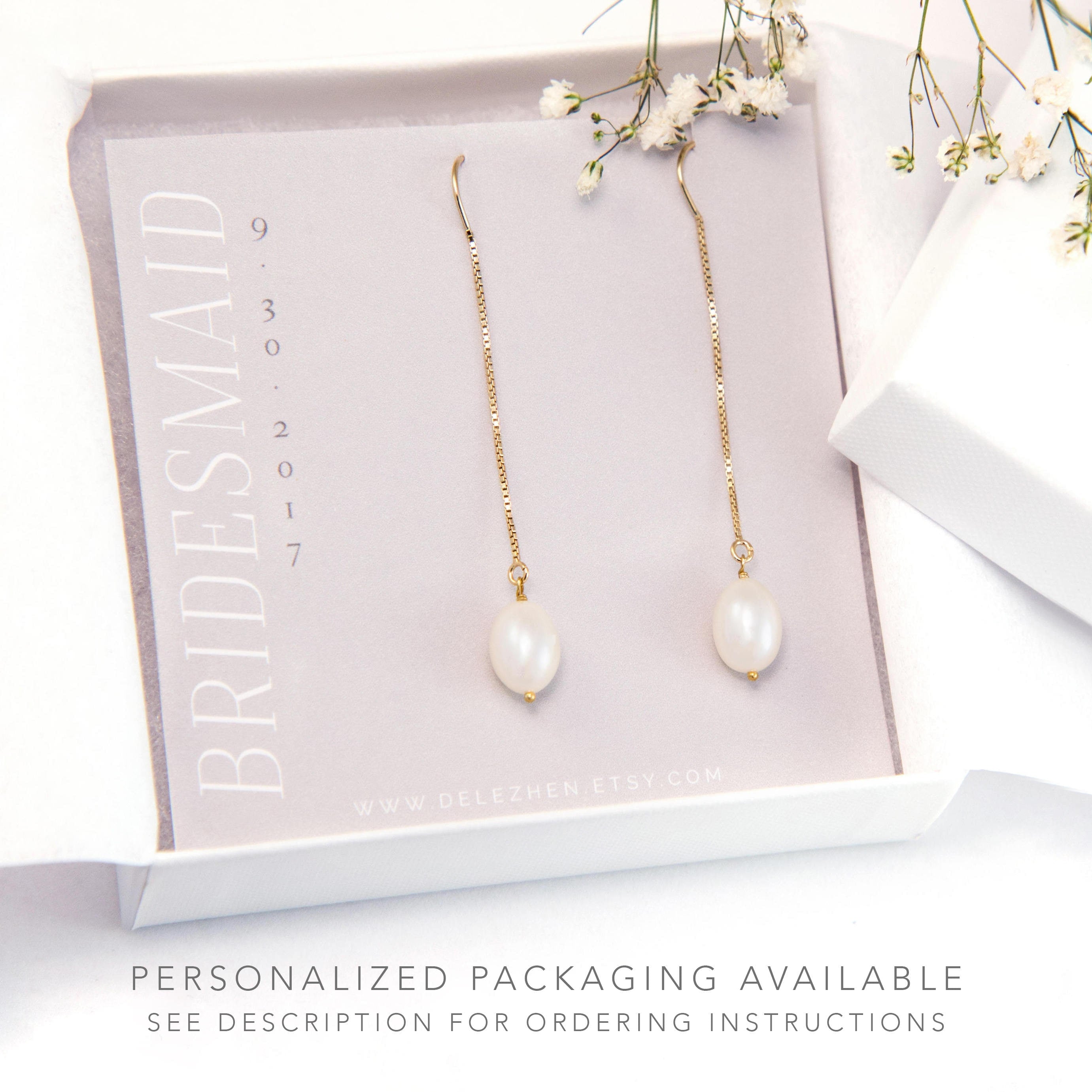 Freshwater Pearl Drop Threader Earrings, 14k Gold Filled, Bridesmaid Pearl Earrings, Long Pearl Earrings, Pearl Dangle, Gift for Girlfriend