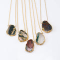 Ocean Jasper Slice Necklace, Unique Natural Stone Layering Necklace, Wire Wrapped Raw Crystal Pendant, Colorful Boho Choker, Trendy Summer