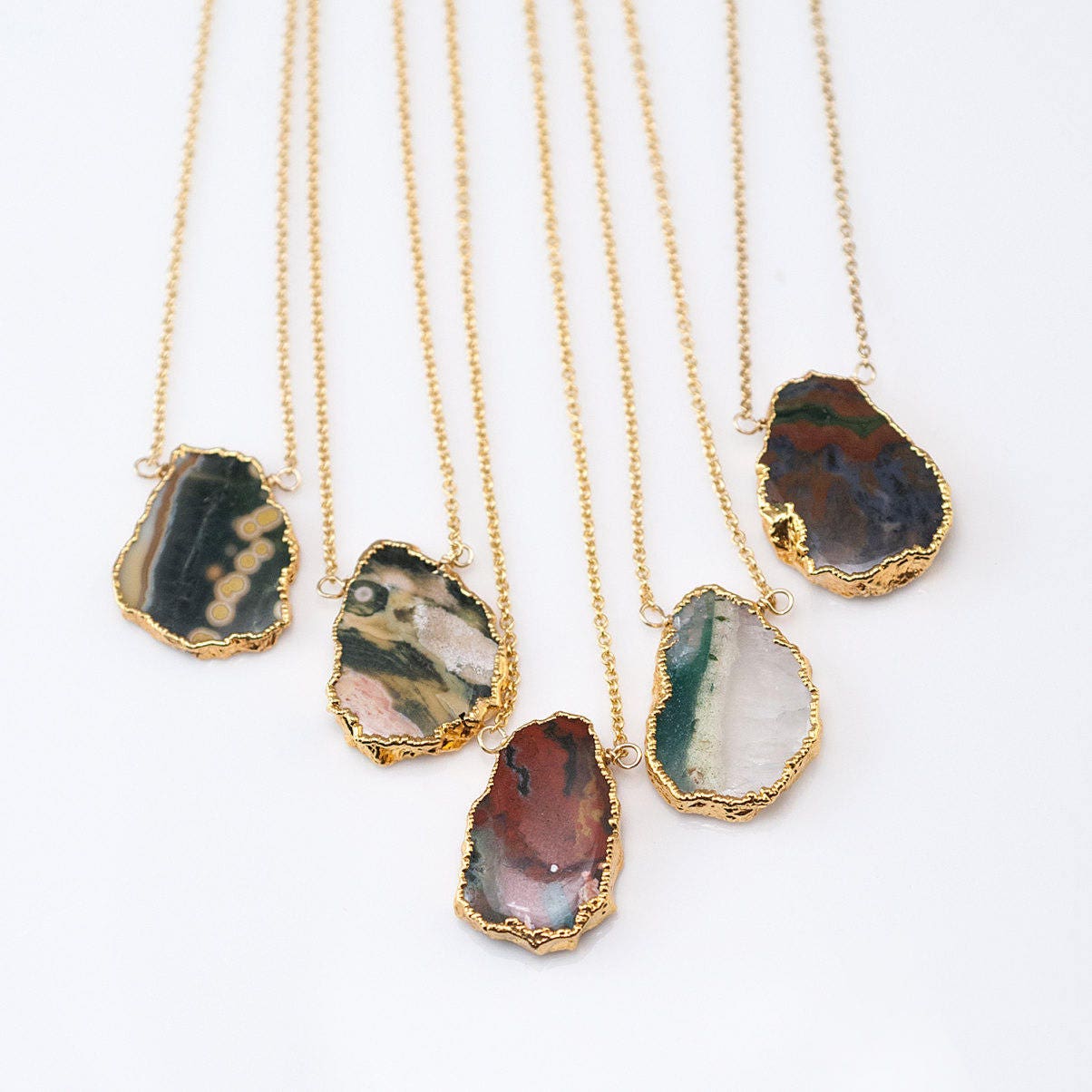 Ocean Jasper Slice Necklace, Unique Natural Stone Layering Necklace, Wire Wrapped Raw Crystal Pendant, Colorful Boho Choker, Trendy Summer