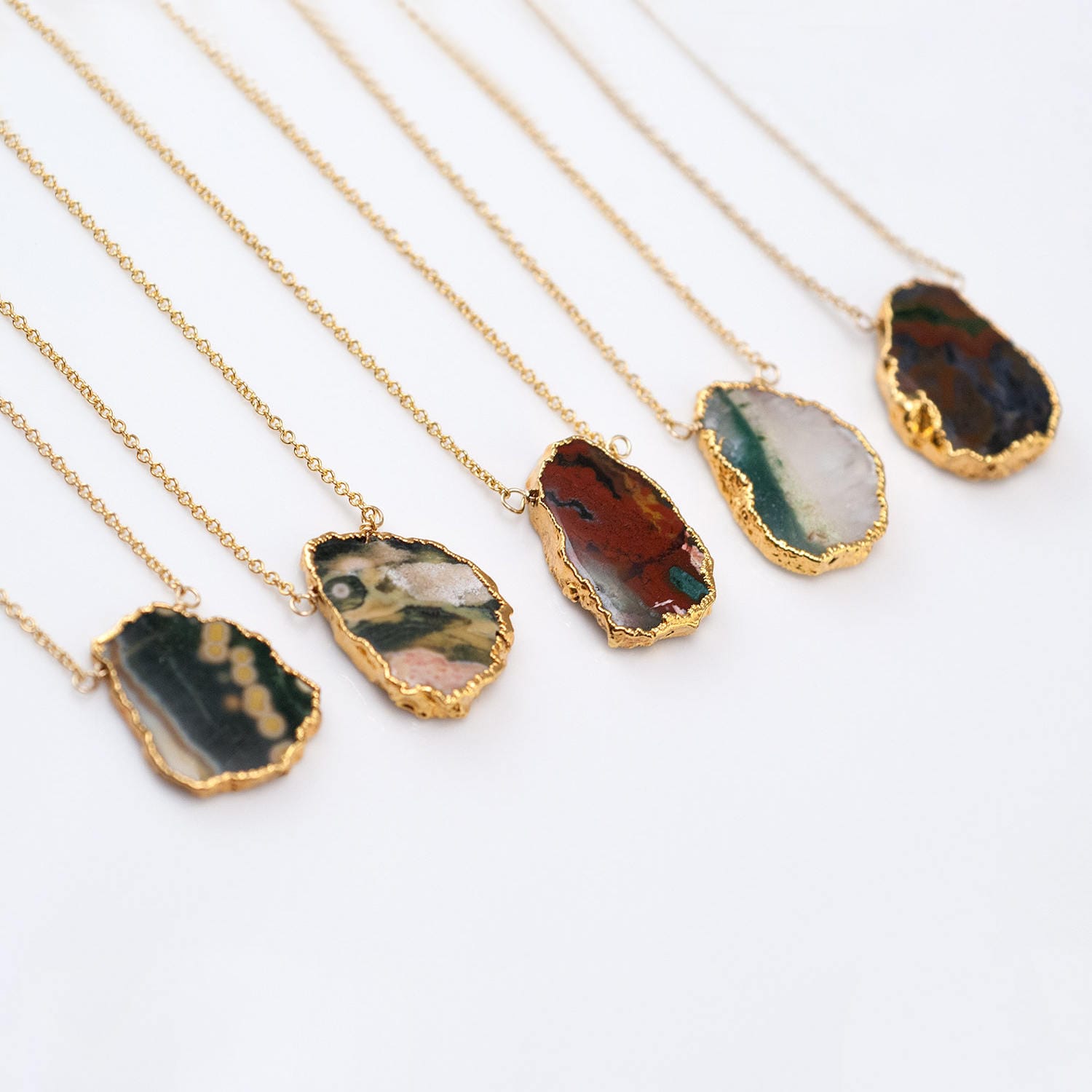 Ocean Jasper Slice Necklace, Unique Natural Stone Layering Necklace, Wire Wrapped Raw Crystal Pendant, Colorful Boho Choker, Trendy Summer