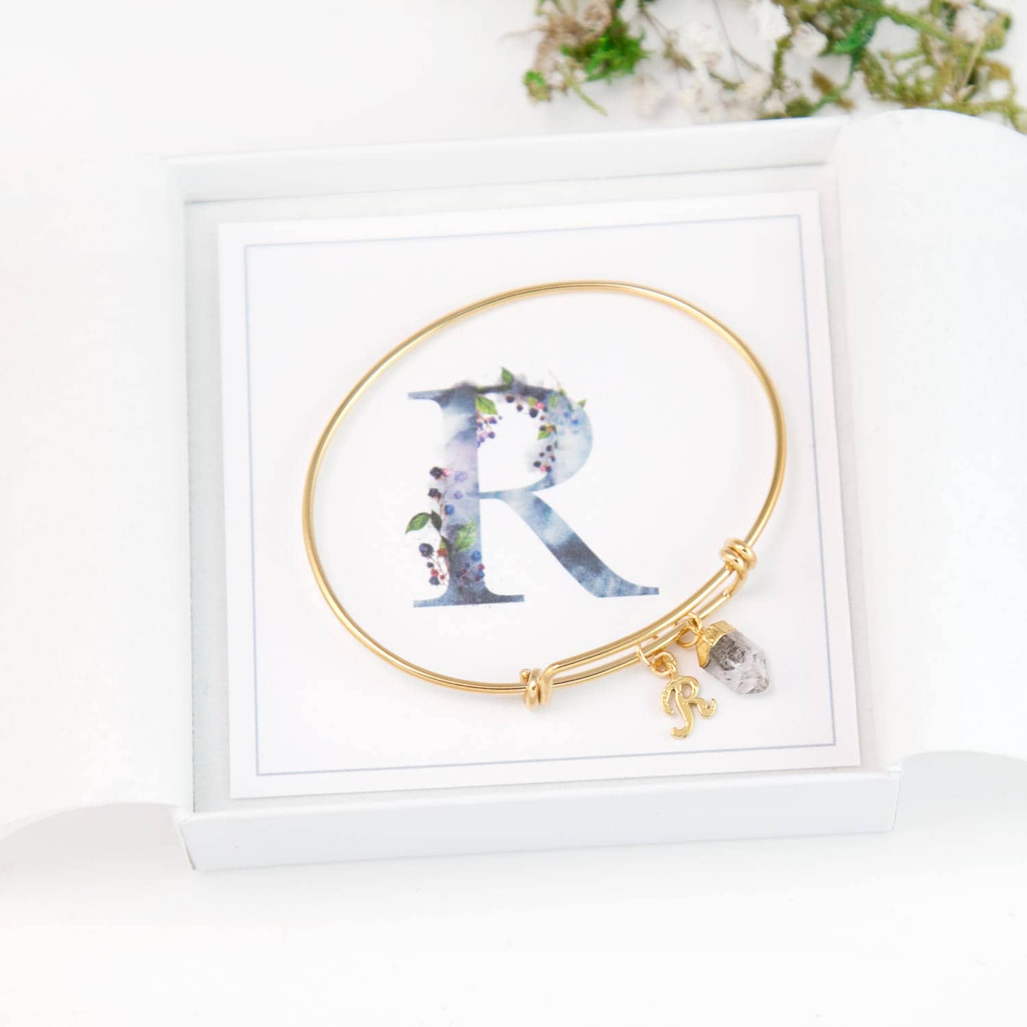 Personalized Birthday Gift, March Birthstone and Initial Bangle Bracelet, Monogram Gift, Gift for Best Friend, Raw Crystal, Gold Initial