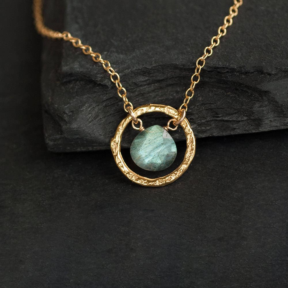 Labradorite Pendant Necklace, Hammered Circle Necklace, Dainty Gemstone Necklace, Gift for Girlfriend, Simple Natural Stone Charm Necklace