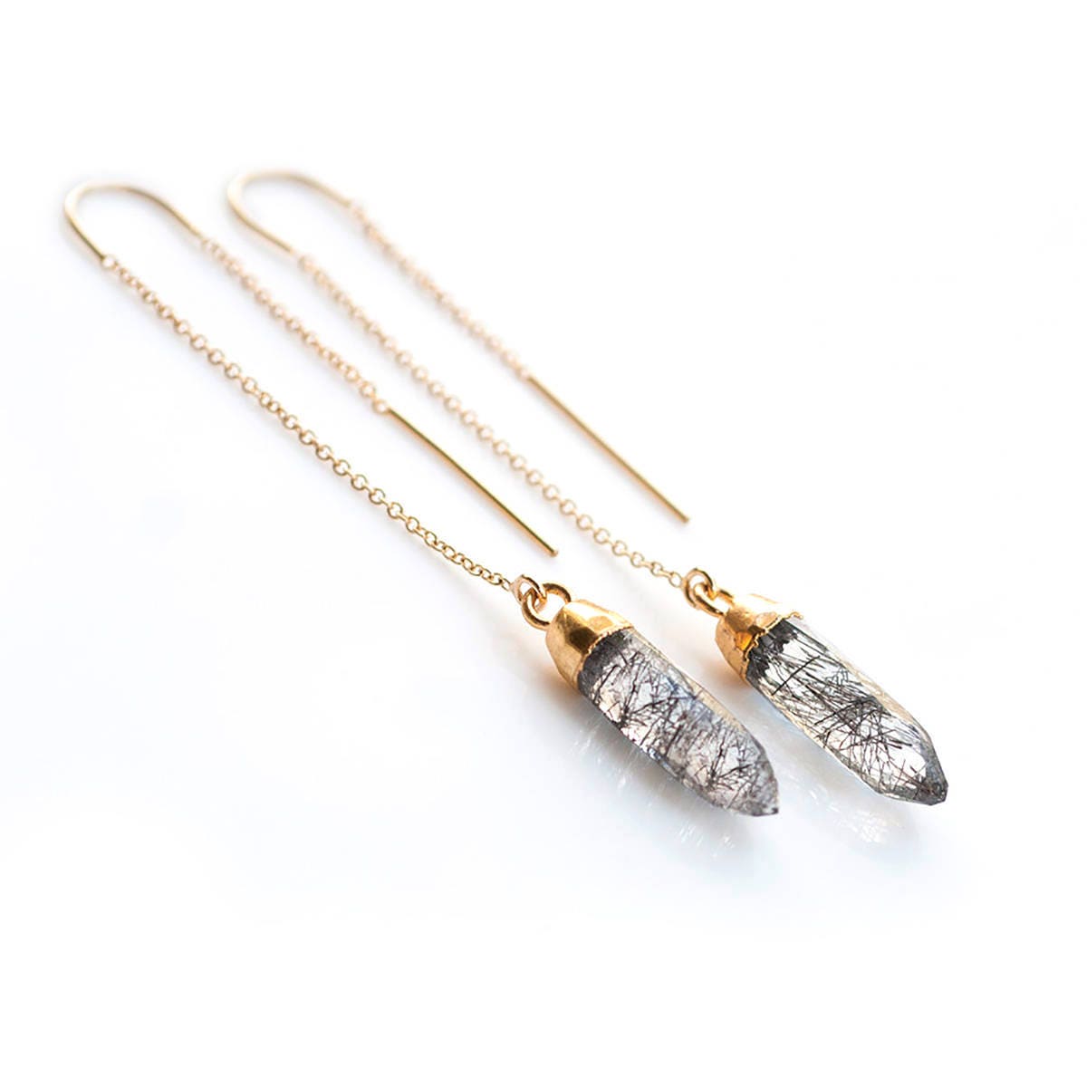 Tourmalated Quartz Threaders, Gold Gemstone Earrings, Spike Ear Threader, Minimalist Jewelry, Dainty Dangle Earrings, Gift for Her, TH-B