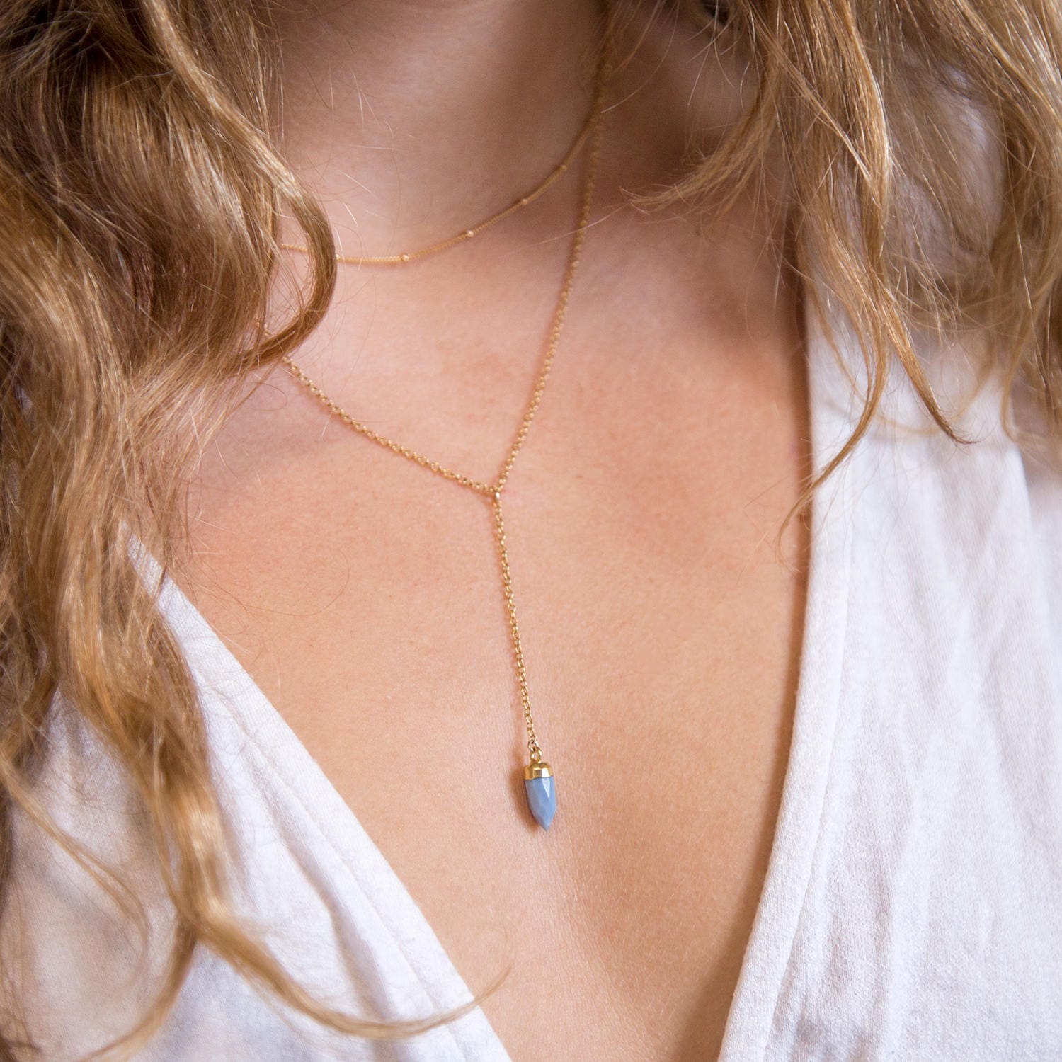 Blue Opal Lariat Necklace, Gemstone Drop Necklace, October Birthstone, 14k Gold Filled Y Necklace, Simple Layering Blue Jewelry Gift, LN-B