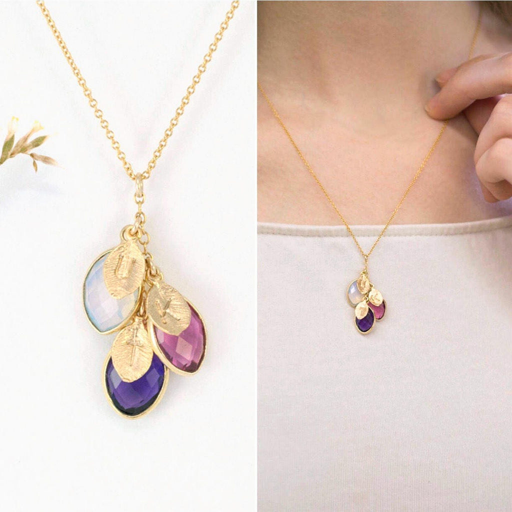 Unique Personalized Gift Necklace for Mothers Day from Daughter, Multi Birthstone Monogram Letter Necklace, Stamped Family Tree Necklace