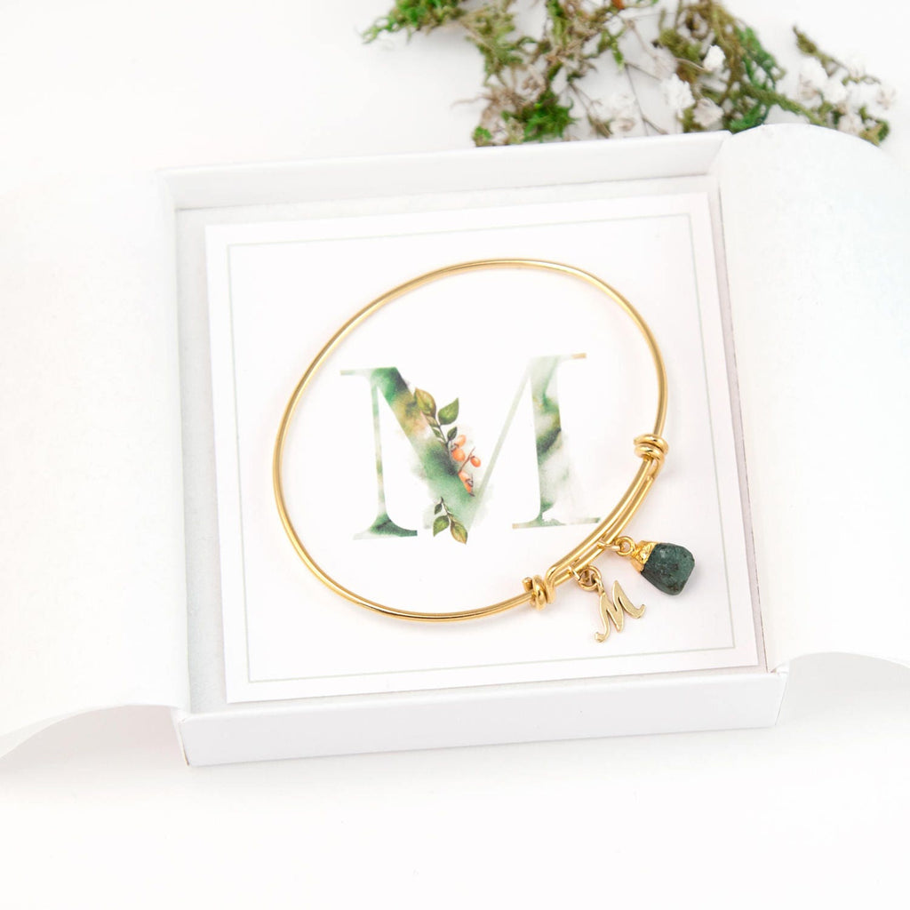 Personalized Birthday Gift, March Birthstone and Initial Bangle Bracelet, Monogram Gift, Gift for Best Friend, Raw Crystal, Gold Initial