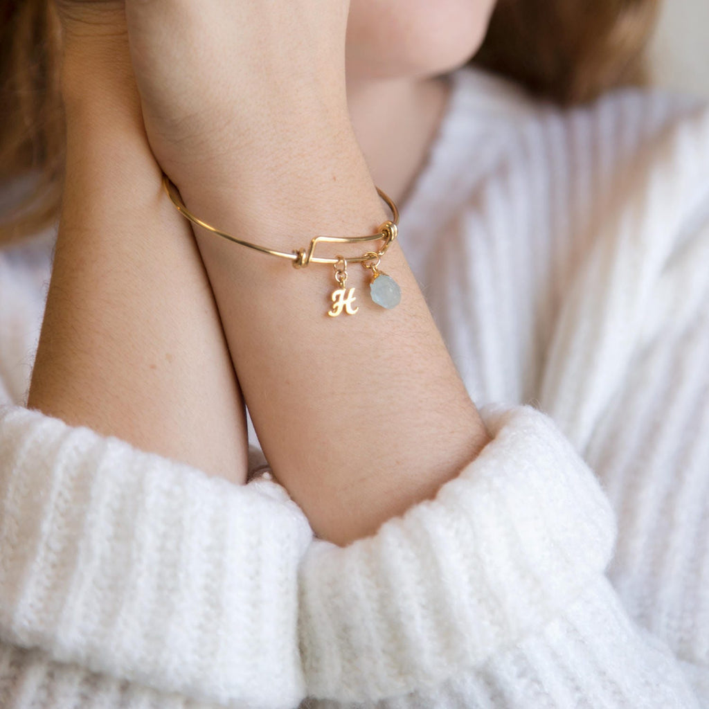 Personalized Birthday Gift, March Birthstone and Initial Bangle Bracelet, Monogram Gift, Gift for Best Friend, Raw Crystal, Gold Initial