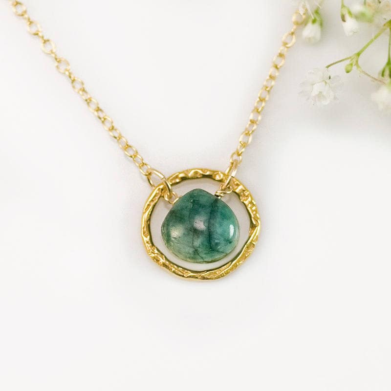 Emerald Drop Pendant, Genuine Gemstone Circle Charm Necklace, May Birthstone Gift, Dainty Layering Necklace, Birthday Christmas Gift for Her