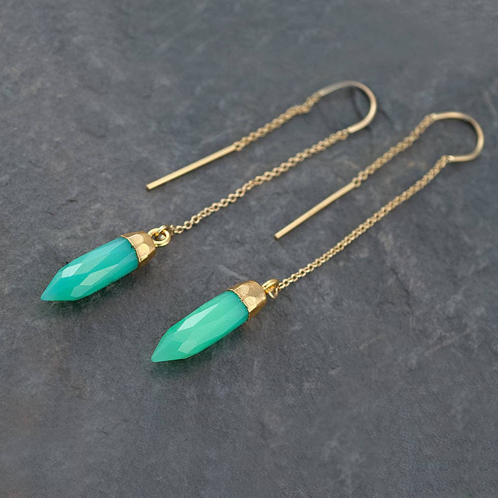 Mint Green Ear Threaders, Statement Earrings Gold, Green Chrysoprase Dangle, Best Friend Gift, Gift for Girlfriend, Gemstone Point, TH-B