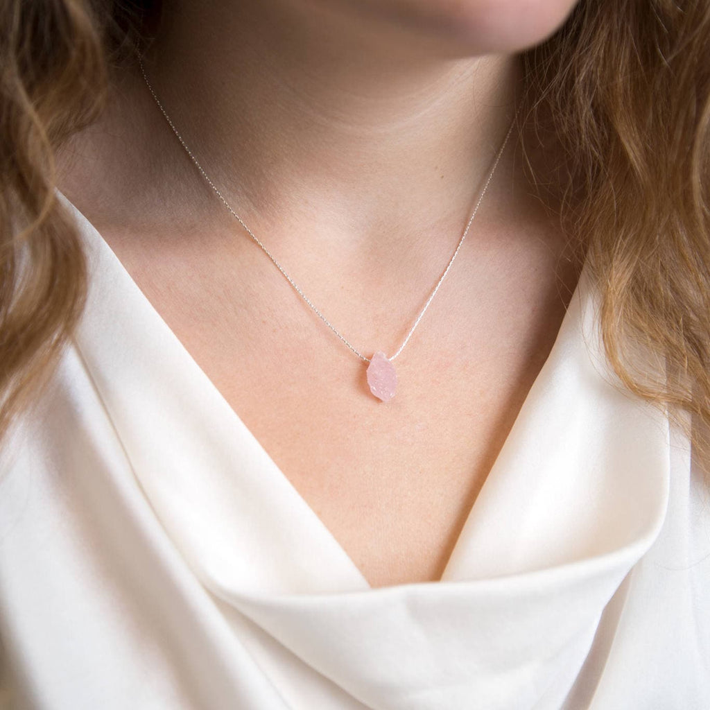 Heart Chakra, Raw Rose Quartz Necklace, Love Necklace, Stone Gift, Pink Crystal, Natural Stone Pendant, Sterling Silver Chain
