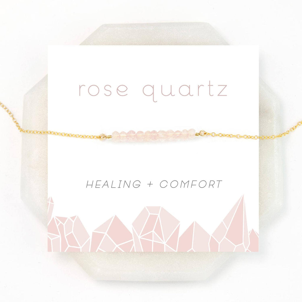 Dainty Rose Quartz Bar Necklace, Pink Crystal Beaded Necklace, Gemstone Choker Gold Filled Sterling Silver Layering Chain, Gift for Daughter