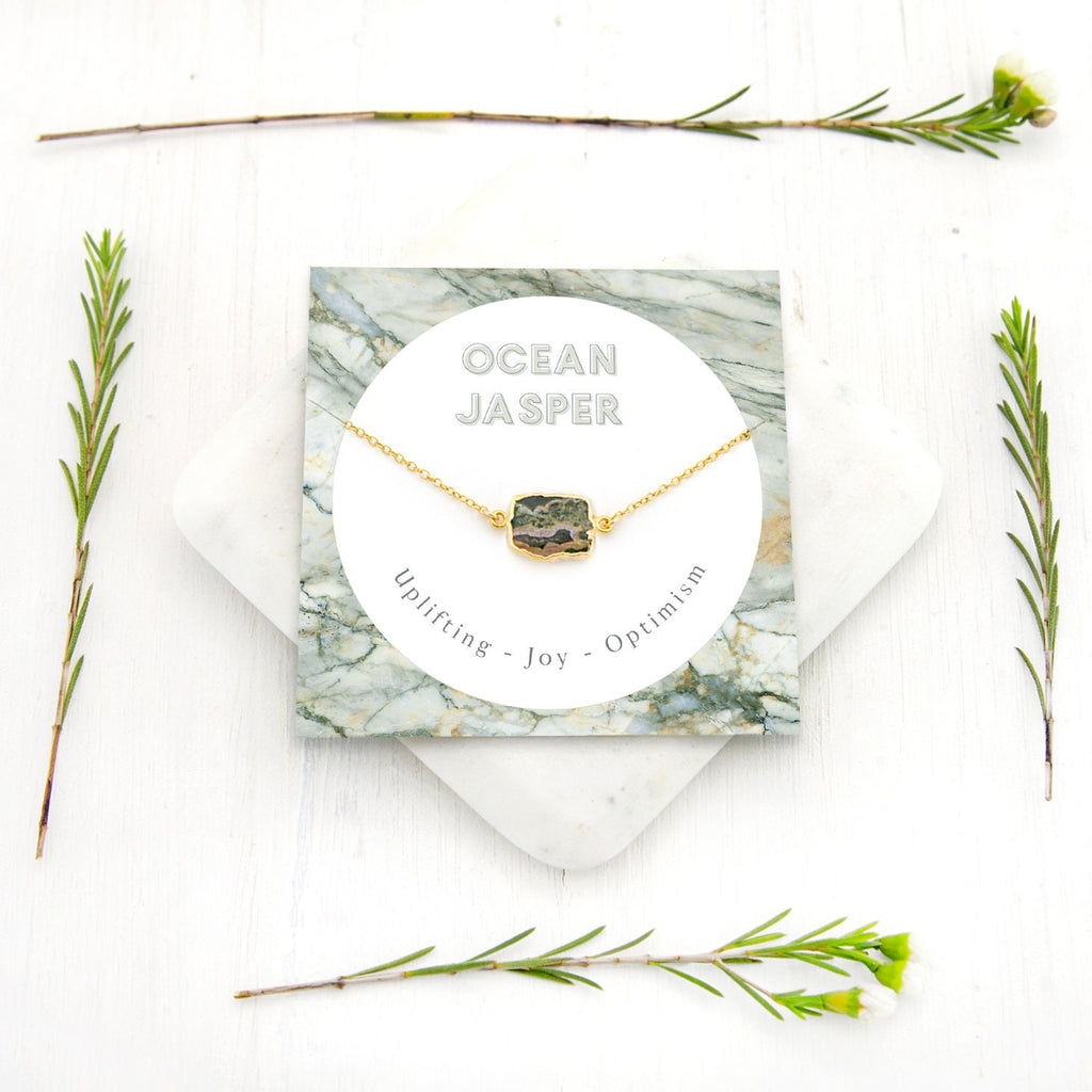 Ocean Jasper Necklace, Natural Crystal Gemstone Necklace, Unique Gemstone Choker, Gem Slice Necklace, Gift Necklace on Card, Birthday Gifts
