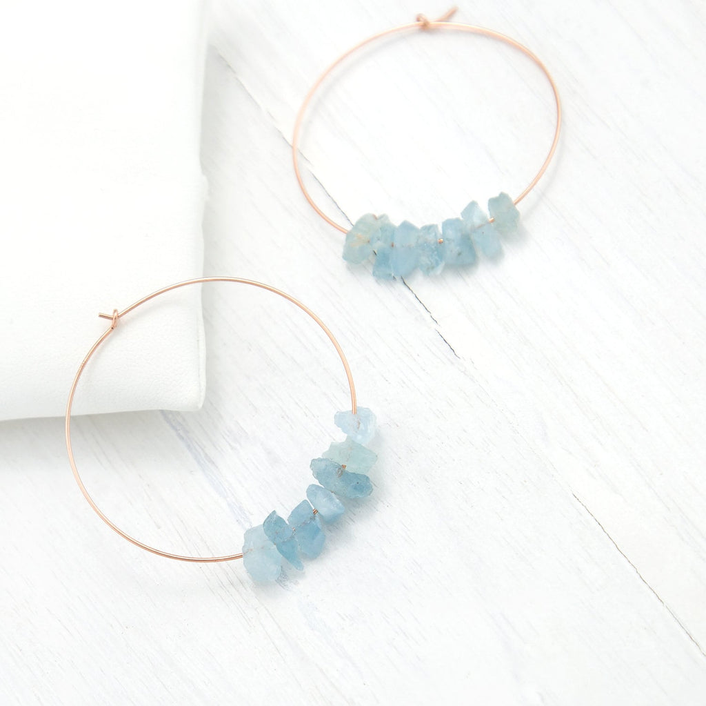 Raw Aquamarine Hoops, Rose Gold Hoop Earrings, March Birthday Gift, Hoop Earrings With Stones, Beachy Earrings, Crystal Gold Hoop Earrings