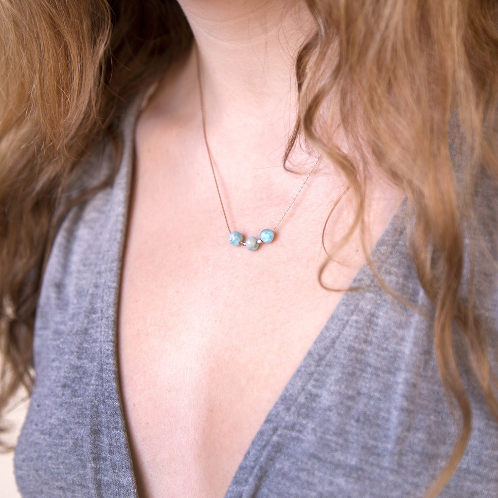 Genuine Larimar Bead Choker, Simple Gemstone Necklace, Rose Gold Filled Chain, Minimalist Birthstone Necklace, Layering Necklace, NK-3B