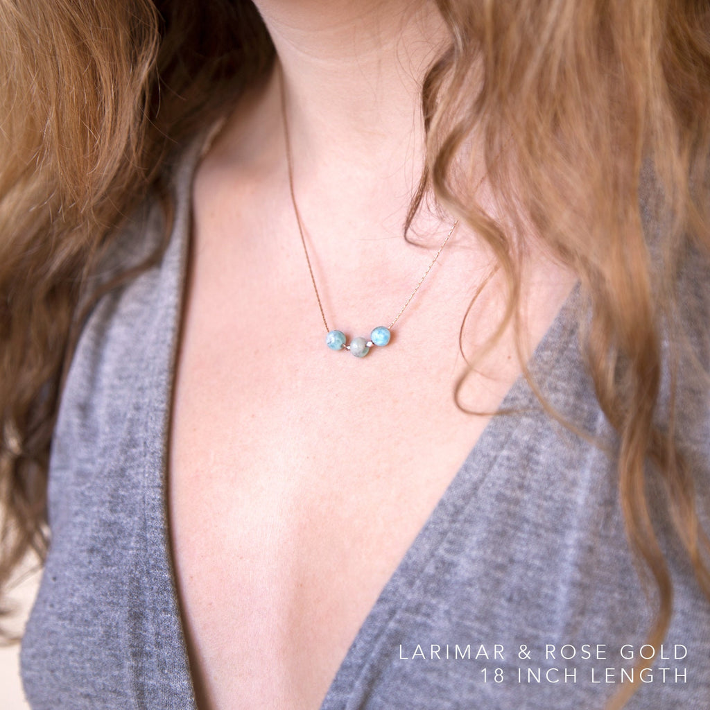 Genuine Larimar Bead Choker, Simple Gemstone Necklace, Rose Gold Filled Chain, Minimalist Birthstone Necklace, Layering Necklace, NK-3B
