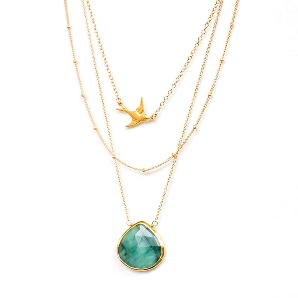 Layering Necklace Set, Raw Emerald Pendant, Sparrow Necklace, Dainty Satellite Chain, Necklace Set of 3, May Birthstone Necklace, Boho Layer