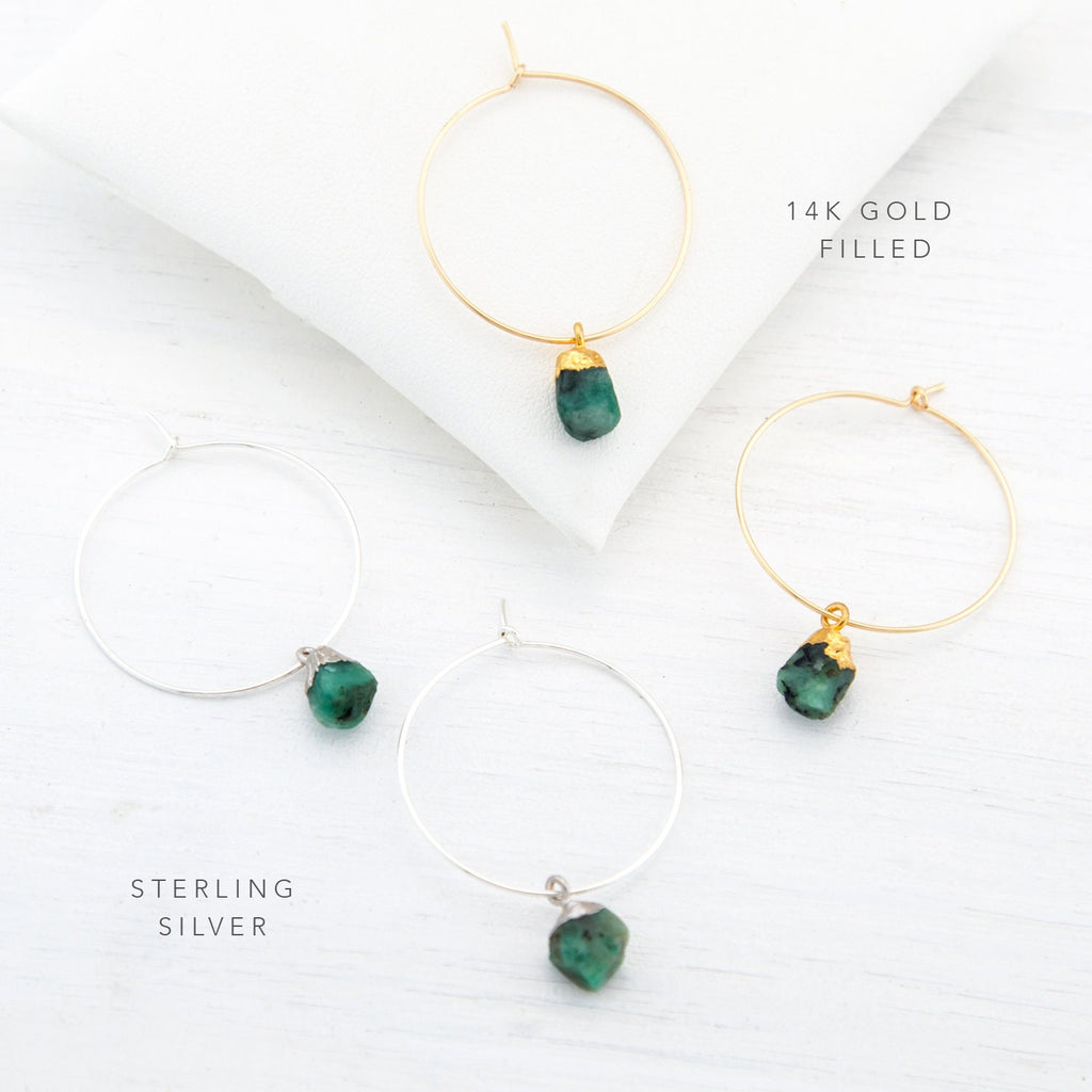 Raw Stone Hoops, Charm Hoop Earrings, Raw Crystal Earrings, Tiny Stone Nuggets, Boho Birthstone Earrings, Mint Green Earrings, HP-N