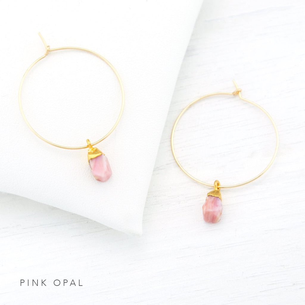 Raw Stone Hoops, Charm Hoop Earrings, Raw Crystal Earrings, Tiny Stone Nuggets, Boho Birthstone Earrings, Mint Green Earrings, HP-N