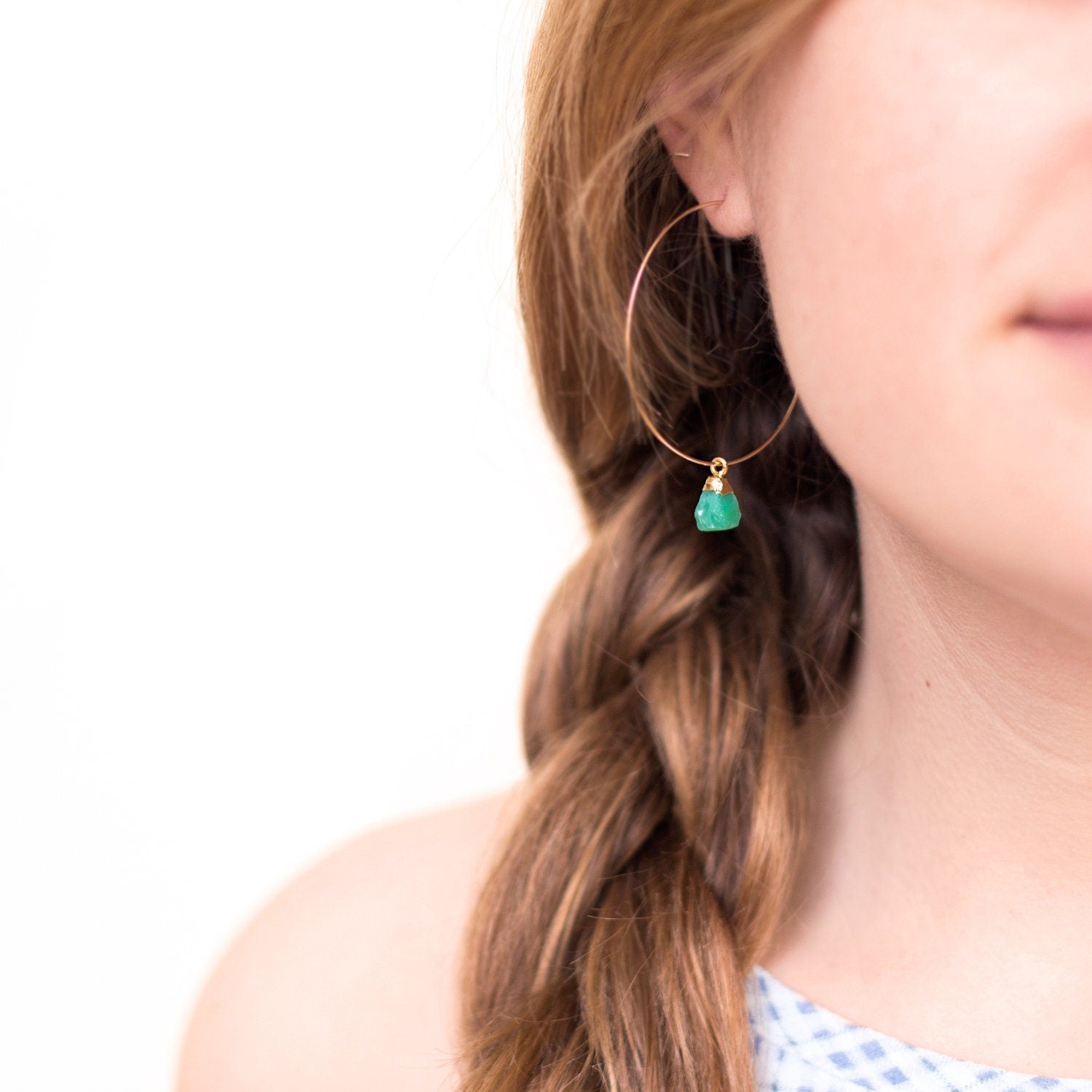 Raw Stone Hoops, Charm Hoop Earrings, Raw Crystal Earrings, Tiny Stone Nuggets, Boho Birthstone Earrings, Mint Green Earrings, HP-N