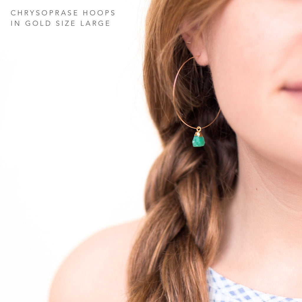 Raw Stone Hoops, Charm Hoop Earrings, Raw Crystal Earrings, Tiny Stone Nuggets, Boho Birthstone Earrings, Mint Green Earrings, HP-N
