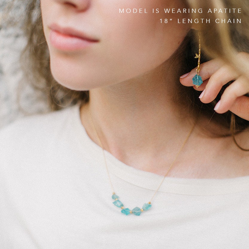 Raw Aquamarine Necklace, Rough Aquamarine Stone Bar Necklace, Raw Crystal Necklace, March Birthstone Layering Necklace, Beaded Bar Necklace