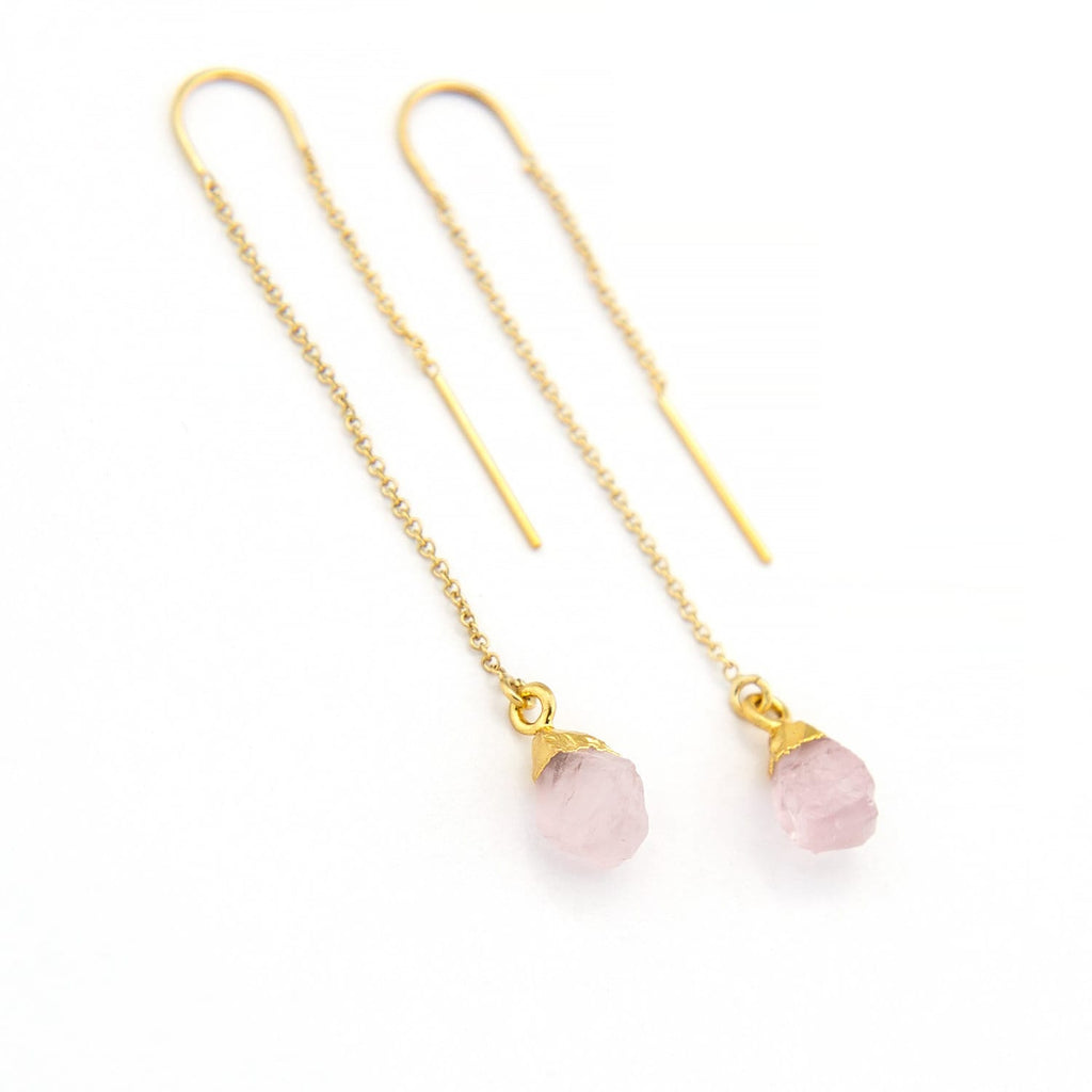 Rose Quartz Earrings, Raw Crystal Drop Earrings, Rose Quartz Stone, Gem Threader Earrings, Bridesmaid Gift Ideas, Raw Quartz, TH-N