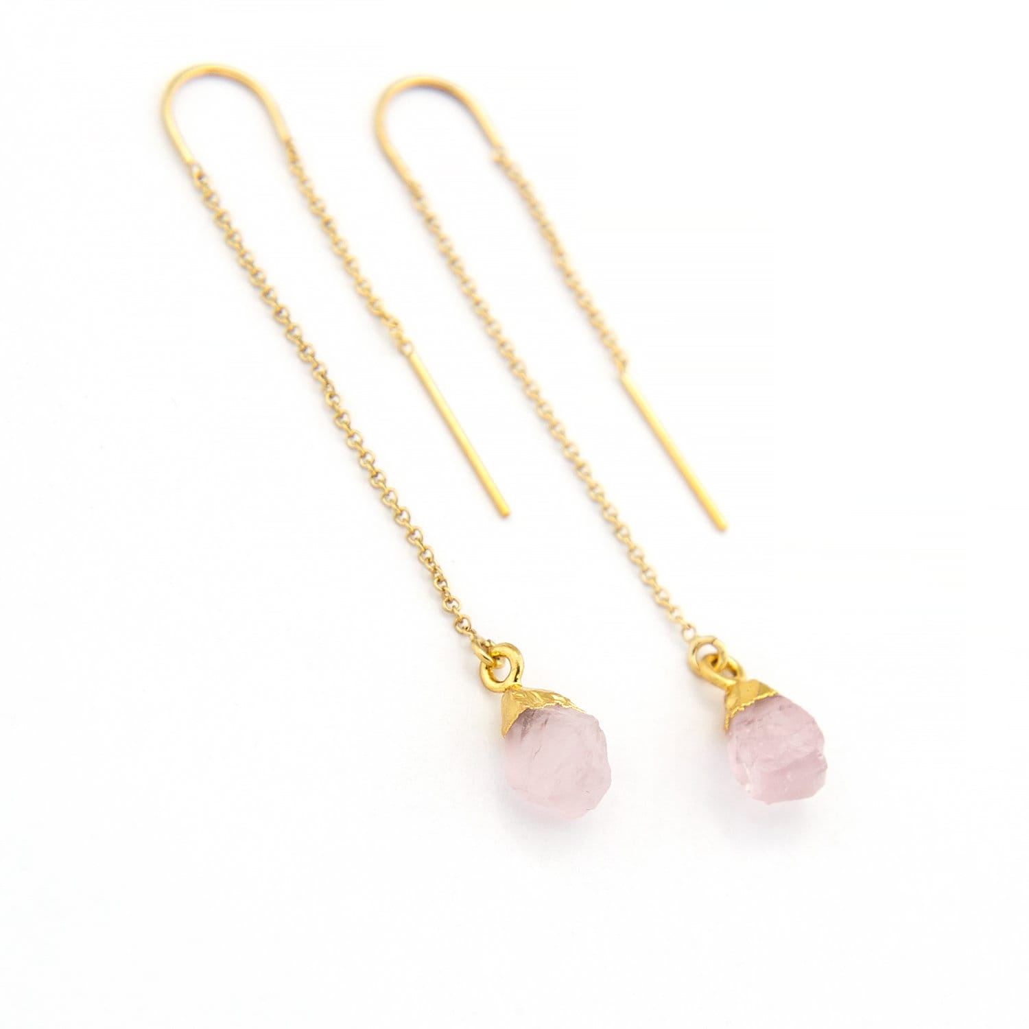 Rose Quartz Earrings, Raw Crystal Drop Earrings, Rose Quartz Stone, Gem Threader Earrings, Bridesmaid Gift Ideas, Raw Quartz, TH-N