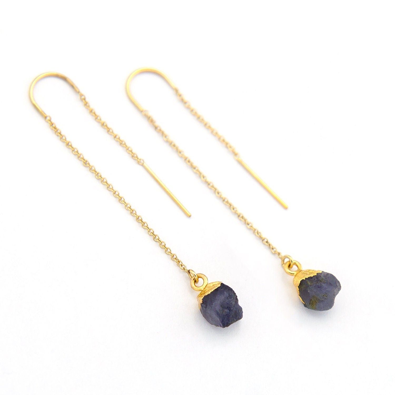 Raw Iolite Earrings, Water Sapphire Threaders, Stone Thread Through Earrings, Raw Crystal Threaders, Natural Gemstone Earrings, TH-N