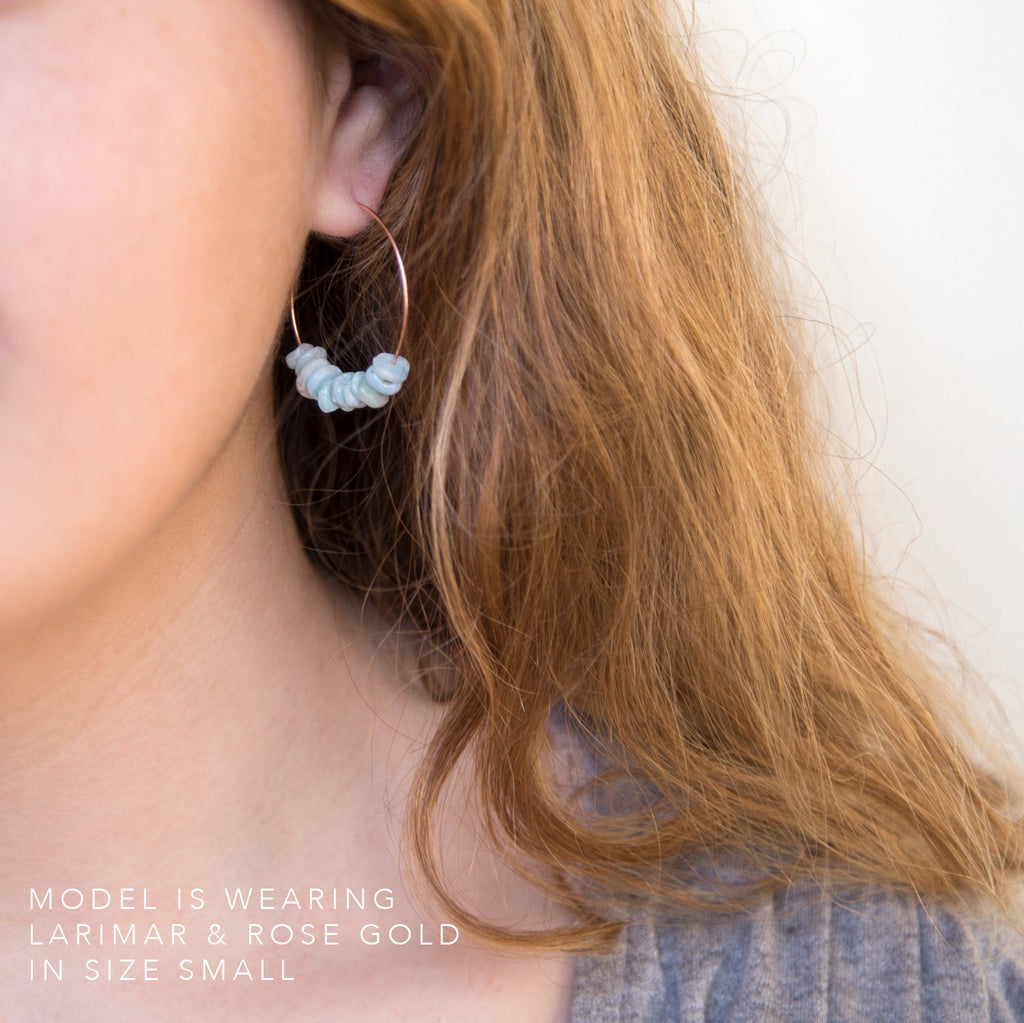 Raw Aquamarine Hoops, Rose Gold Hoop Earrings, March Birthday Gift, Hoop Earrings With Stones, Beachy Earrings, Crystal Gold Hoop Earrings