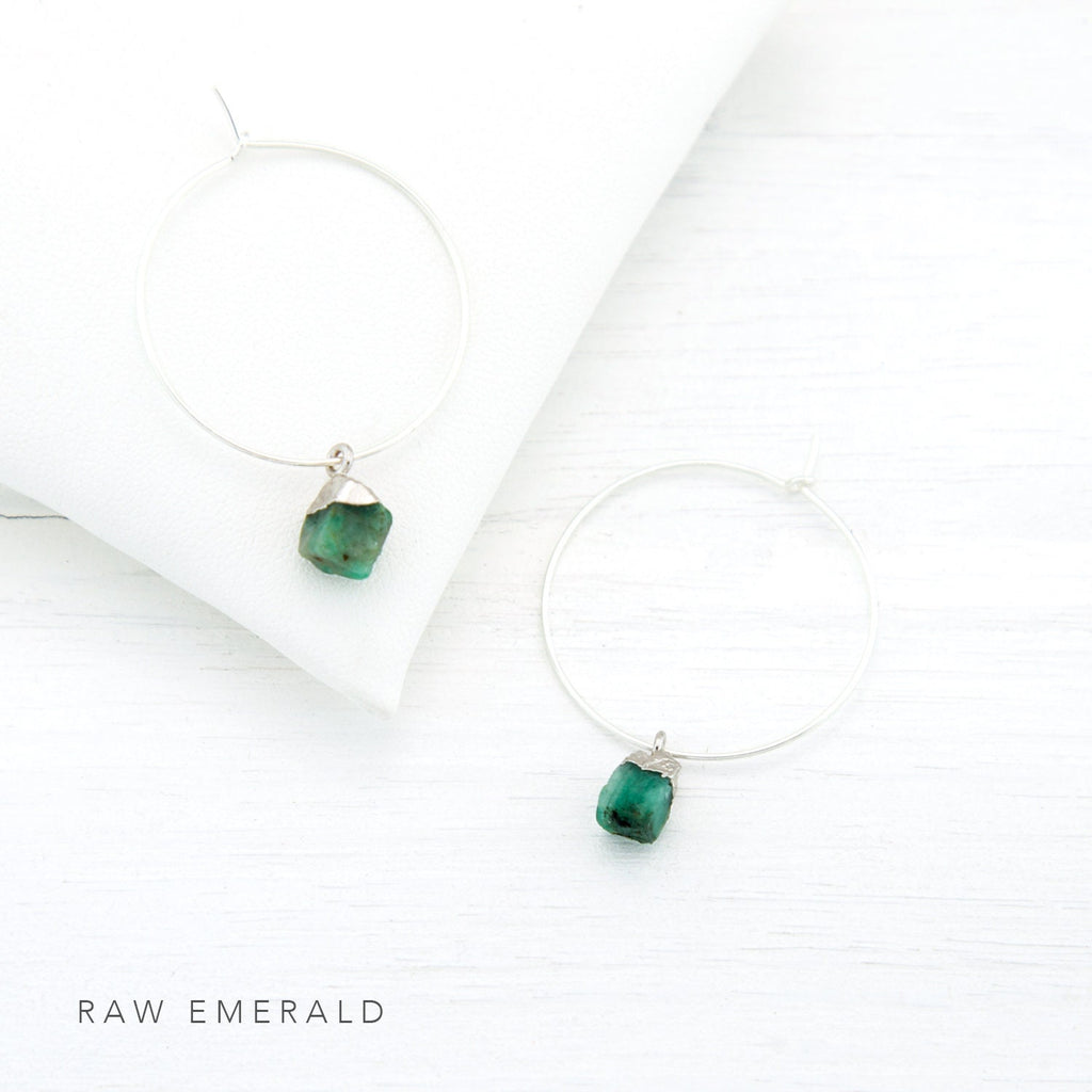 Raw Stone Hoops, Charm Hoop Earrings, Raw Crystal Earrings, Tiny Stone Nuggets, Boho Birthstone Earrings, Mint Green Earrings, HP-N