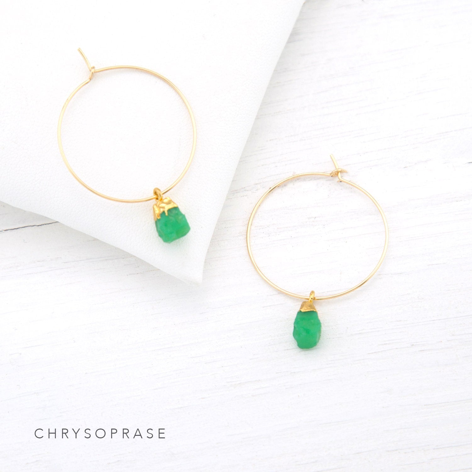 Raw Stone Hoops, Charm Hoop Earrings, Raw Crystal Earrings, Tiny Stone Nuggets, Boho Birthstone Earrings, Mint Green Earrings, HP-N