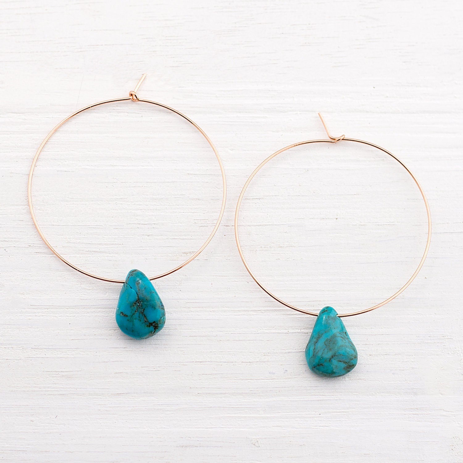 Gemstone Hoop Earrings, Thin Gold Hoops, Genuine Natural Turquoise, Gemstone Drop Earrings, December Birthstone, Minimal Earrings, HP-PS
