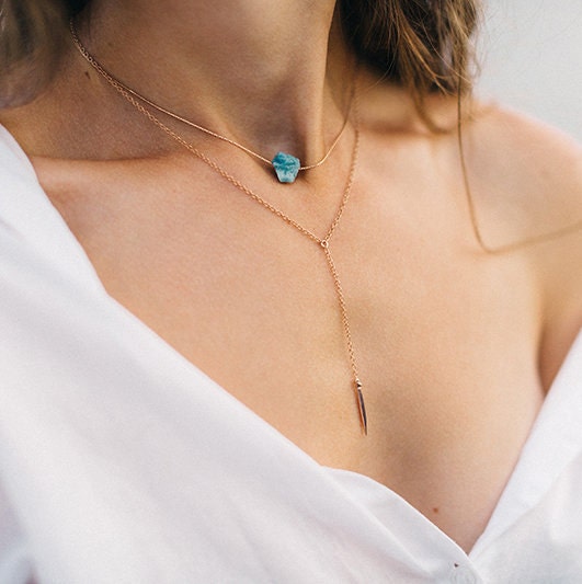 Dainty Rose Gold Lariat, Simple Layering Necklace, Gift for Her, Spike Necklace, Delicate Y Necklace, Bar Drop Necklace, Minimalist Jewelry