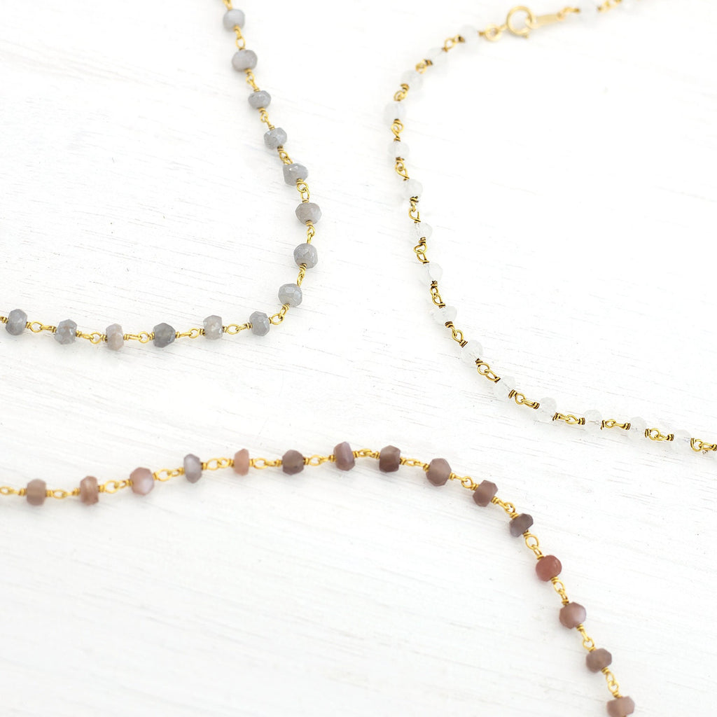 Everyday Moonstone Rosary Necklace, Beaded Chain Necklace, Gemstone Choker, Layering Necklace, Wire Wrapped Moonstone, Long Simple Necklace