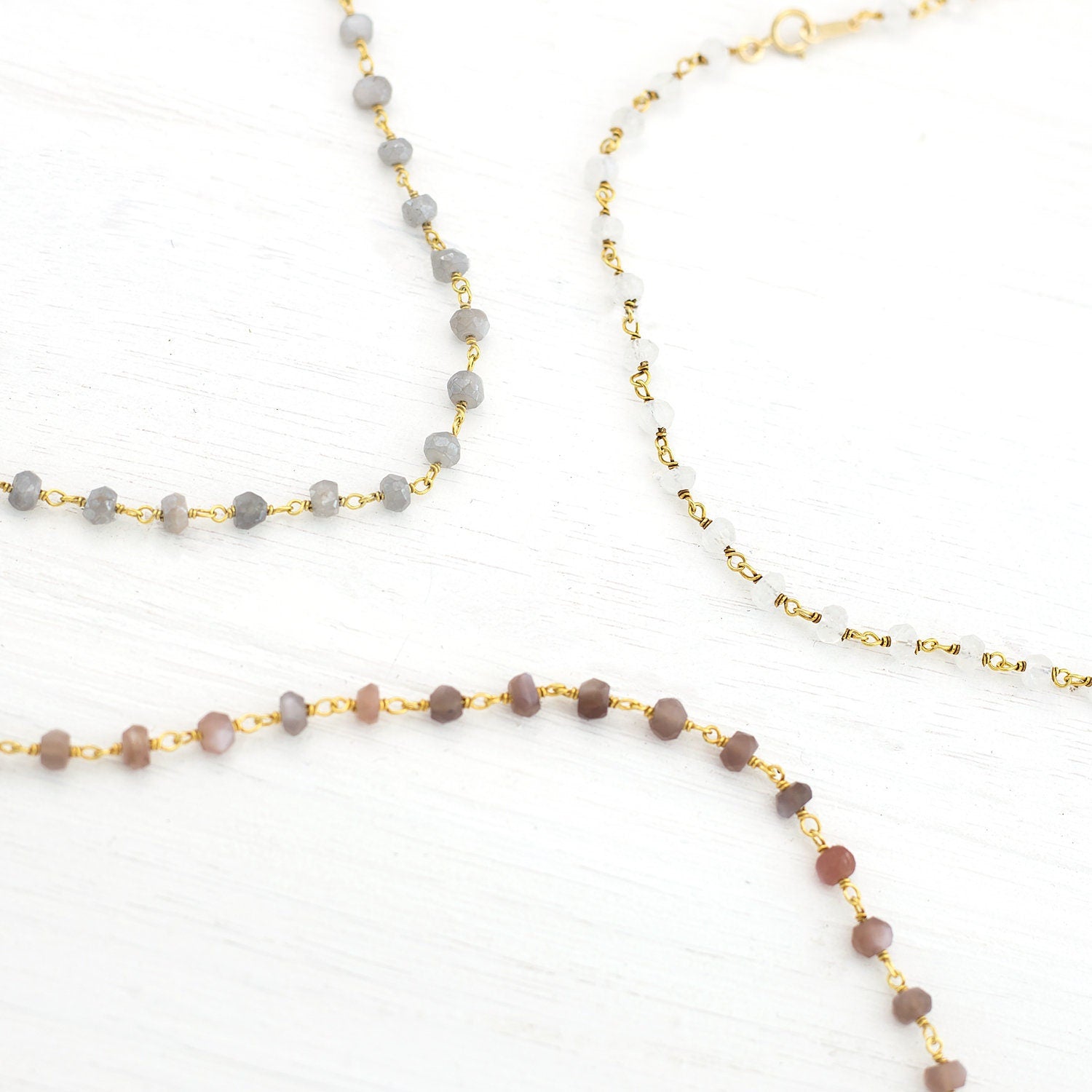 Everyday Moonstone Rosary Necklace, Beaded Chain Necklace, Gemstone Choker, Layering Necklace, Wire Wrapped Moonstone, Long Simple Necklace
