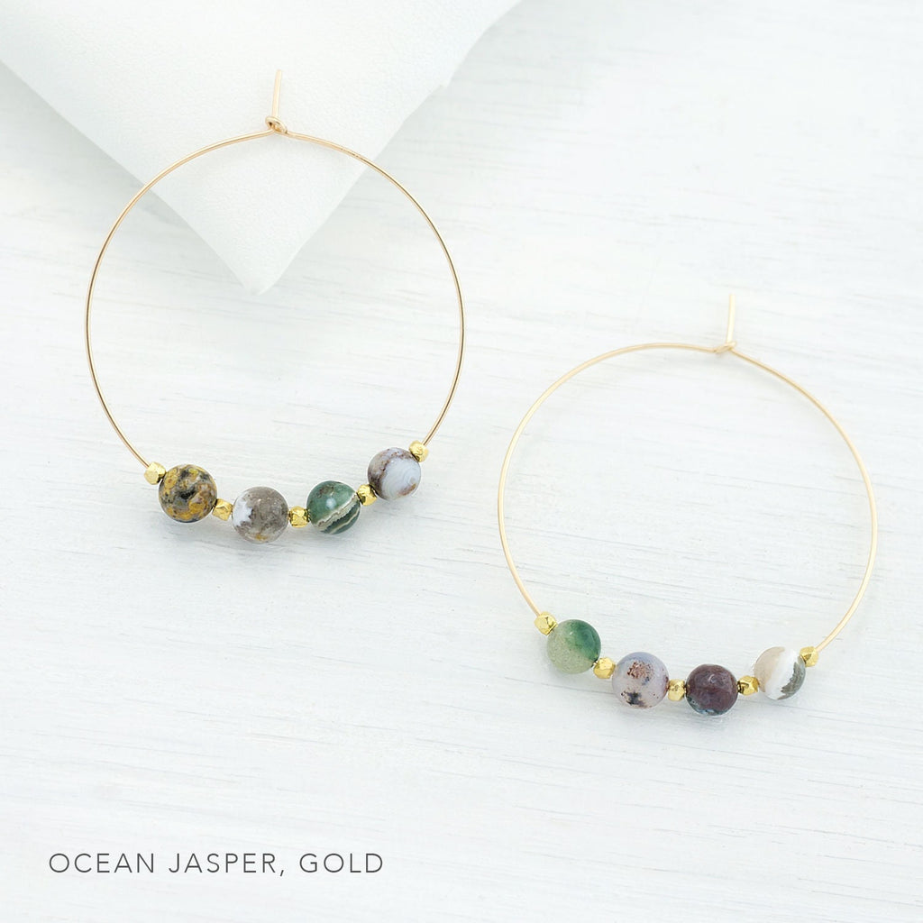 Natural Agate Earrings, Boho Statement Earrings, Thin Hoop Earrings, Stone Jewelry, Gift for Her, Beaded Hoops, Tree Agate, HP-4B