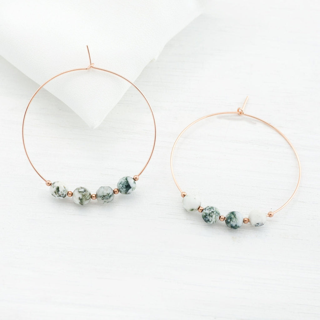 Natural Agate Earrings, Boho Statement Earrings, Thin Hoop Earrings, Stone Jewelry, Gift for Her, Beaded Hoops, Tree Agate, HP-4B
