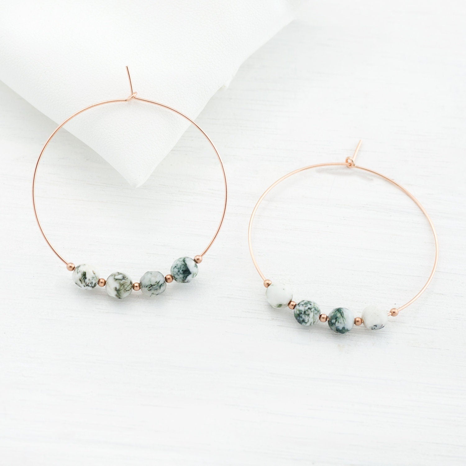 Natural Agate Earrings, Boho Statement Earrings, Thin Hoop Earrings, Stone Jewelry, Gift for Her, Beaded Hoops, Tree Agate, HP-4B