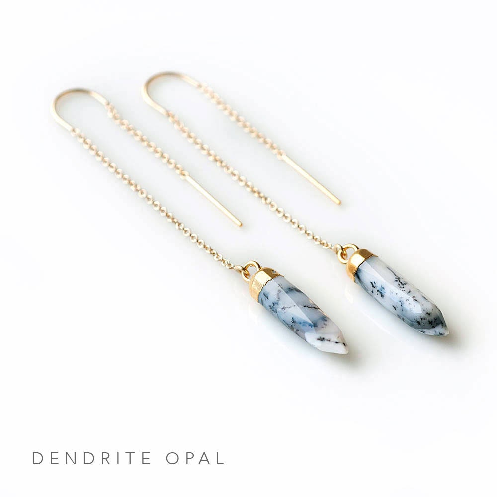 Minimalist Stone Drop Threaders, Marble Earrings, Natural Dendritic Opal Stone Spike, Black and White Earrings Dangle, Girlfriend Gift, TH-B
