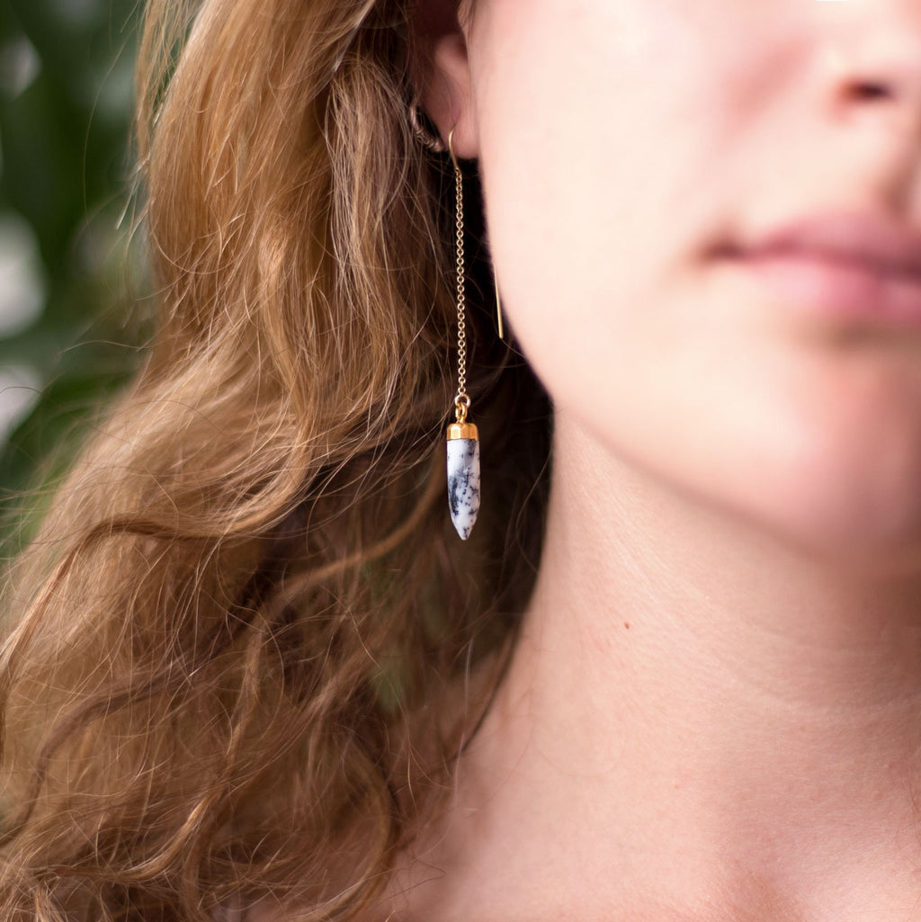 Minimalist Stone Drop Threaders, Marble Earrings, Natural Dendritic Opal Stone Spike, Black and White Earrings Dangle, Girlfriend Gift, TH-B