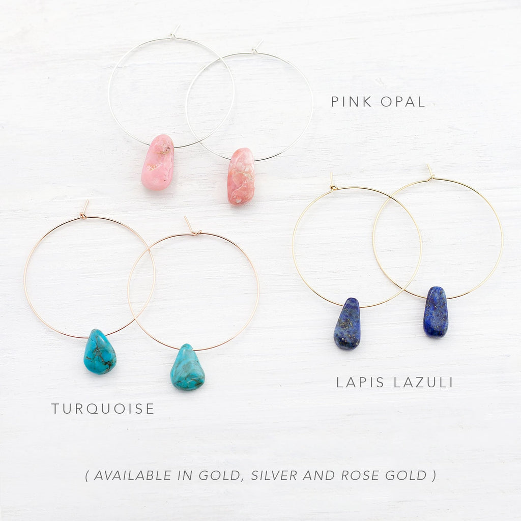 Gemstone Hoop Earrings, Thin Gold Hoops, Genuine Natural Turquoise, Gemstone Drop Earrings, December Birthstone, Minimal Earrings, HP-PS