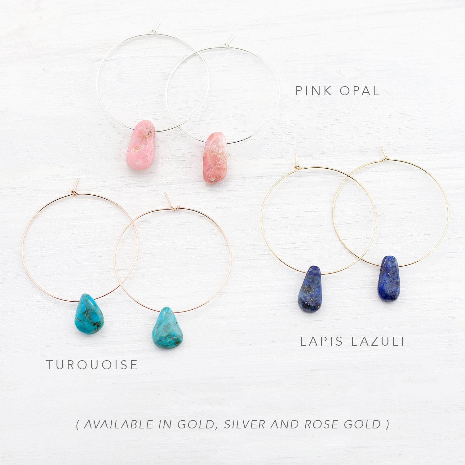 Gemstone Hoop Earrings, Thin Gold Hoops, Genuine Natural Turquoise, Gemstone Drop Earrings, December Birthstone, Minimal Earrings, HP-PS