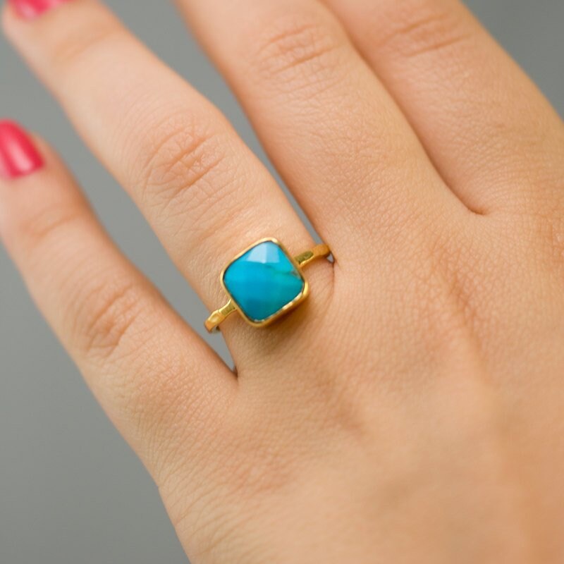 Turquoise Ring Gold, December Birthstone Ring, Gem Ring, Solitaire Ring, Gold Ring, Stackable Ring, Tear Drop Ring, Raw Stone